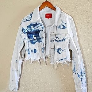 Guess White and Blue Tie-Dye Cropped Denim Jacket
